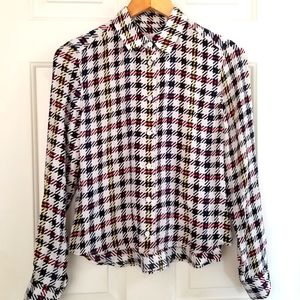 Women's Black and White Houndstooth Button-Up Shirt with Red and Yellow Accents